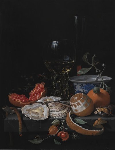 カキ、フルーツ、石のテーブルの上のワイングラス 作： Abraham Mignon