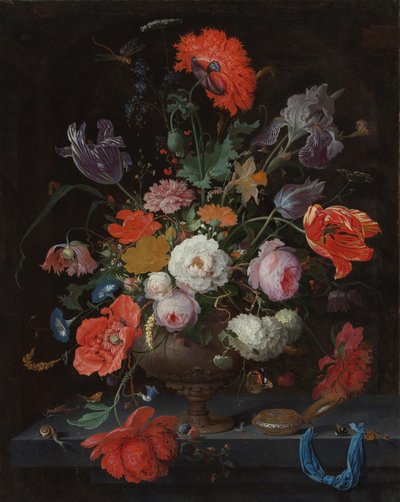 花と時計のある静物 作： Abraham Mignon