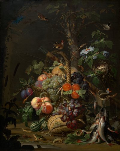 果物、魚、巣のある静物 作： Abraham Mignon