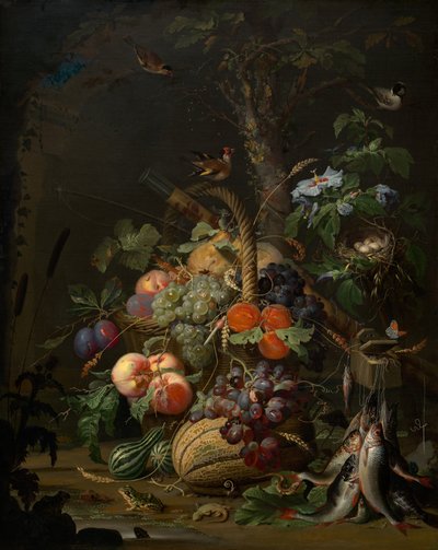 果物、魚、巣のある静物 c. 1675年。 作： Abraham Mignon