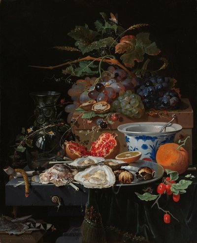 果物、カキ、磁器のボウルのある静物 作： Abraham Mignon