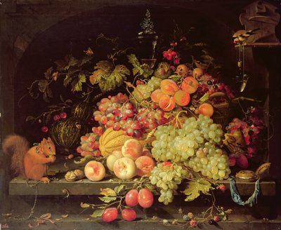 果物、リス、ゴールドフィンチのある静物 作： Abraham Mignon
