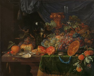 フルーツと牡蠣の静物画 作： Abraham Mignon