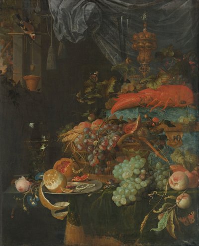 果物とゴシキヒワのある静物 作： Abraham Mignon