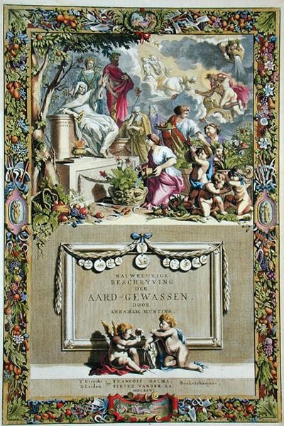 1666年に出版されたAbraham Munting（1626-83）の「Nauwkerige Beschryving der Aard-Gewassen」のタイトルページ（カラー図版） 作： Abraham Munting