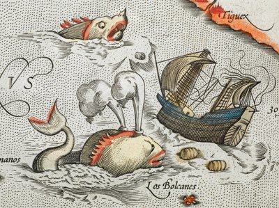 （詳細）。 船を攻撃する海の怪物。 作： Abraham Ortelius