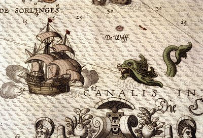 ガレオン船（カラベル船）を襲う海の怪物。アブラハム・オルテリウス著『Theatrum Orbis Terrarum』（アントワープ1584年）の地図の詳細。 作： Abraham Ortelius