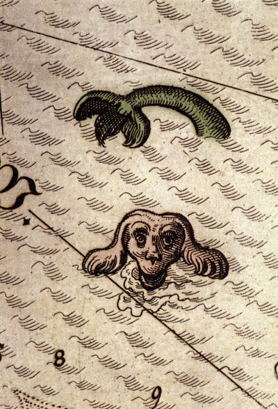 犬の頭と魚の体を持つ海の怪物。アブラハム・オルテリウス作「Theatrum Orbis Terrarum」の地図の詳細、アントワープ1584年。 作： Abraham Ortelius