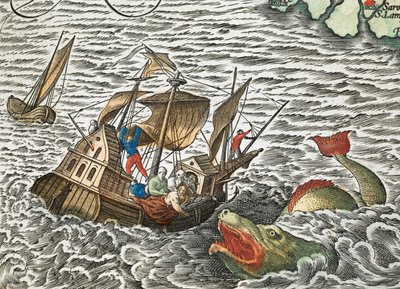 海の怪物に襲われる船（アブラハム・オルテリウス作『Typus orbis terrarum』より 作： Abraham Ortelius