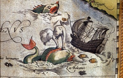 クジラが船を襲う。地図製作者アブラハム・オルテリウス（1527-1598）の「Theatrum Orbis Terrarum」の版図。 作： Abraham Ortelius