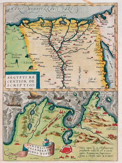 Aegypti Recentior Descriptio.- Carthaginis Celeberrimi Sinus Typus.アブラハム・オルテリウスの "Theatrum Orbis Terrarum "からナイル川沿いの都市とカルタゴ（チュニジア）を含むエジプトの地理地図（Oertel, Ortell or Ortel 作： Abraham Ortelius