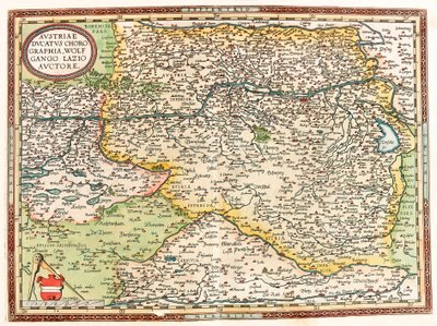Austria Ducatus Chorographia Wolfgango Lazio Auctore Abraham Ortelius (Oertel, Ortell or Ortel) の "Theatrum Orbis Terrarum "からのドナウ川とウィーンを含むオーストリア領土の地理的地図。 作： Abraham Ortelius