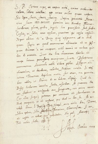 1595年2月2日、アントワープ、甥のヤコブ・クール（ヤコブス・コリウス）に宛てたサイン入り自筆書簡（紙にペンとインク 作： Abraham Ortelius