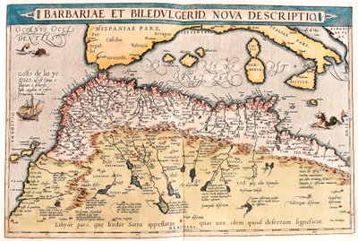バルバリアーとビルドゥルゲリド、ノヴァ・デスクリプティオ。アブラハム・オルテリウスの「Theatrum Orbis Terrarum」によるアフリカ北部の地理地図（Oertel, Ortell or Ortel 作： Abraham Ortelius