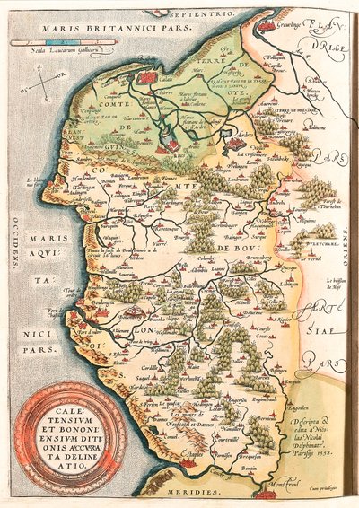 Caletensium et Bononiensium Ditionis Accurata Delineatio カレー、アルトワ、フレンチ・フランダース（フランス）のブーロネ準州（Comte de Boulogne）の地理地図で、カレー、アルシュ、グリューランジュ、エタープル、モントルイユの地名を含む。 作： Abraham Ortelius