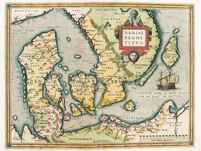 Daniae regni Typus Abraham Ortelius（Oertel, Ortell or Ortel）の「Theatrum Orbis Terrarum」からデンマークとスウェーデン南部の領土を描いた地理図。 作： Abraham Ortelius