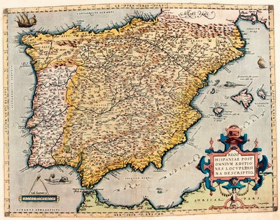 スペインの説明。アブラハム・オルテリウス（1527-1598）の「Theatrum Orbis Terrarum」からの地理地図 作： Abraham Ortelius