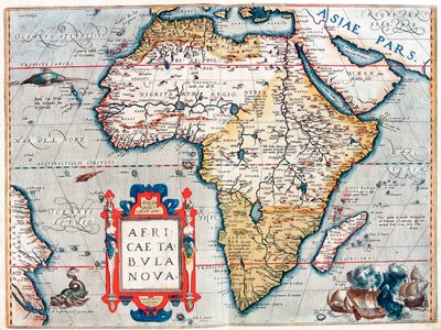 アフリカ大陸の説明。エイブラハム・オルテリウス（1527-1598）の「Theatrum Orbis Terrarum」からの地理地図 作： Abraham Ortelius