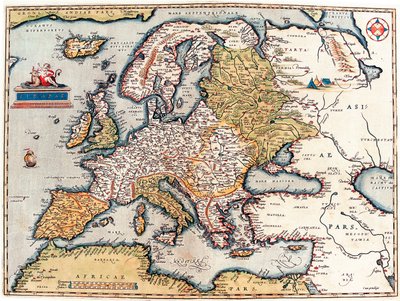 ヨーロッパ大陸の説明。アブラハム・オルテリウスの「世界の舞台」の地理地図 作： Abraham Ortelius