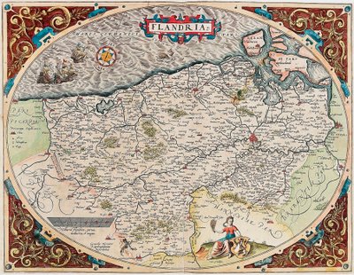 Flandria Abraham Orteliusの "Theatrum Orbis Terrarum "に掲載されたフランドル地方の地理地図（Oertel, Ortell or Ortel）。 作： Abraham Ortelius