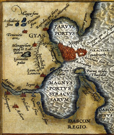 シラキュース（シチリア島）の旧港-アブラム・オルテリウスの「アトラス」に掲載されています。 作： Abraham Ortelius