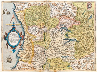 フランス（地方：、フランシュ＝コンテ、ローヌ＝アルプ、プロヴァンス＝アルプ＝コート・ダジュール）、南スイス、イタリア（地方：：リグーリア州、ピエモンテ州、アオスタ渓谷、ロンバルディア州、トレンティーノ＝アルト・アディジェ州西部、エミリア＝ロマーニャ州西部、トスカーナ州北西部） 作： Abraham Ortelius