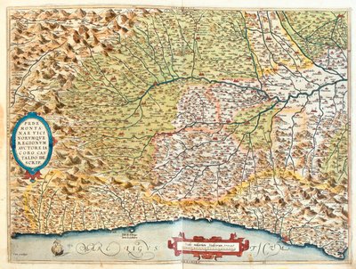 フランス（地域：ローヌ＝アルプ、プロヴァンス＝アルプ＝コート・ダジュール）、イタリア（地域：リグーリア州中西部、ピエモンテ州、ロンバルディア州西部、エミリア＝ロマーニャ州西部） 作： Abraham Ortelius