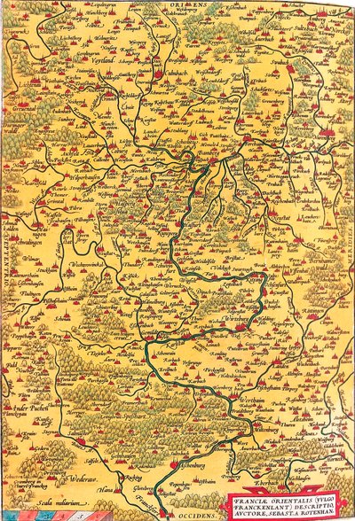 Franciae Orientalis (Vulgo/Franckenlant) Descriptio, Auctore, Sebast.A. Rotenhan Abraham Orteliusの "Theatrum Orbis Terrarum "からフランクフルト市（カールシュタット市も含む）を含むドイツのフランケン地方の地理地図（Oer 作： Abraham Ortelius