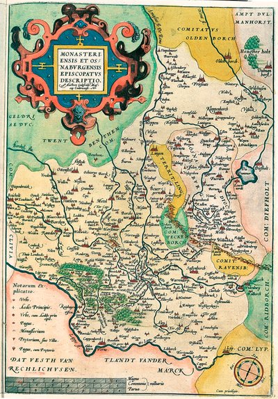 Franciae Orientalis:Monasteriensis Et Osnaburgensis Episcopatus Descriptio Abraham Ortelius (Oertel, Ortell or Ortel)の "Theatrum Orbis Terrarum "からドイツ・フランケン地方の地理地図。 作： Abraham Ortelius