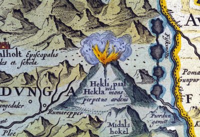 アイスランドのヘクラ火山。アブラハム・オルテリウスのアトラス、アムステルダム1588年。 作： Abraham Ortelius