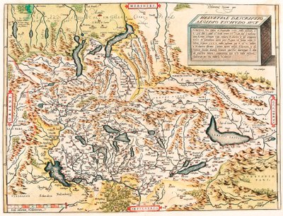 Helvetiae Descriptio Aegidio Tschudo Auct.エイブラハム・オルテリウスの "Theatrum Orbis Terrarum "から湖を含むスイス・フランス・アルプスの地理地図（Oertel, Ortell or Ortel 作： Abraham Ortelius