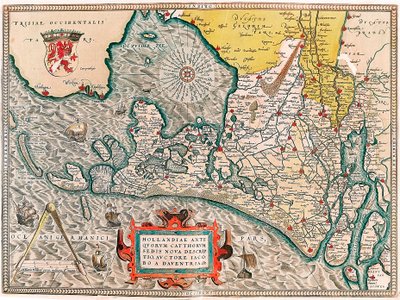Hollandiae antiquorum catthorum sedis nova descriptio, auctore lacobo a daventria アムステルダムとハールレムの都市を含むオランダ領土の地理地図...アブラハム・オルテリウス（Oertel, Ortell or Orte）の「Theatrum Orbis Terrarum」から引用。 作： Abraham Ortelius