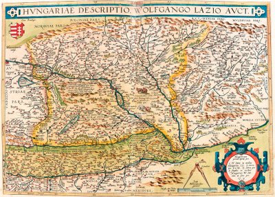 ハンガリーの説明図、ウォルフガンゴ・ラツィオ・アークトアブラハム・オルテリウスの "Theatrum Orbis Terrarum "によるハンガリー領土の地理地図（Oertel, Ortell or Ortel 作： Abraham Ortelius