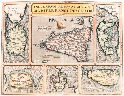 Insularum Aliquot Maris Mediterranei Descriptio.アブラハム・オルテリウスの "Theatrum Orbis Terrarum "から地中海の島々（Sicilia, Sardegna, Colfu, Malta Djerba, Elba）の地理地図（Oertel, Ortell 作： Abraham Ortelius