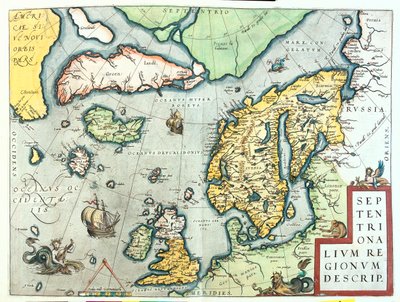アイルランド、イギリス、アイスランド、ノルウェー、スウェーデン、フィンランド、グリーンランド 作： Abraham Ortelius