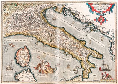 Italiae novissima descriptio auctore Iacobo Castaldo Pedemontano Abraham Ortelius (Oertel, Ortell or Ortel) の "Theatrum Orbis Terrarum "から引用したイタリア領土の地理地図。 作： Abraham Ortelius