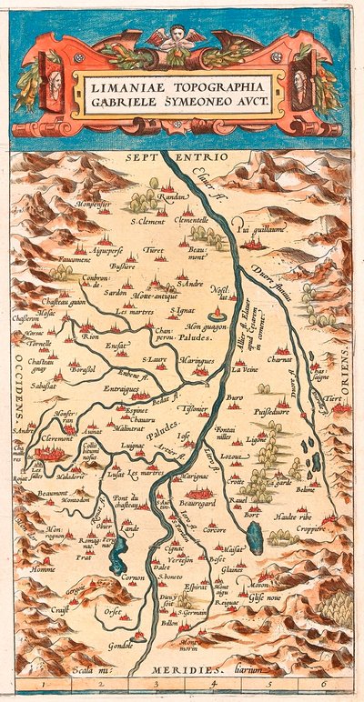Limaniae topographed Gabriele Symeoneo Avct ロワール川に面した城や町（ボーモン、アイグペルセ、クレルモンとモンフェラン（モンフェラン）、ボーレガード、シニャック、モンタイグ、ピュイ・ギョーム...）が描かれたロワール地方の地理地図（「Theatru」より抜粋）。 作： Abraham Ortelius