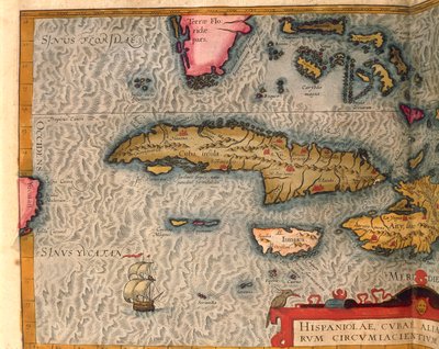 キューバとジャマイカの地図（アントワープで印刷されたエイブラハム・オルテリウスの『Theatrum Orbis Terrarum』より 作： Abraham Ortelius
