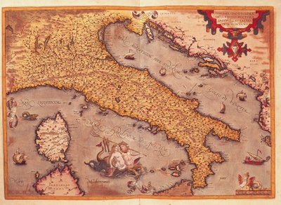 アブラハム・オルテリウスの「Theatrum Orbis Terrarum」からのイタリアの地図 作： Abraham Ortelius