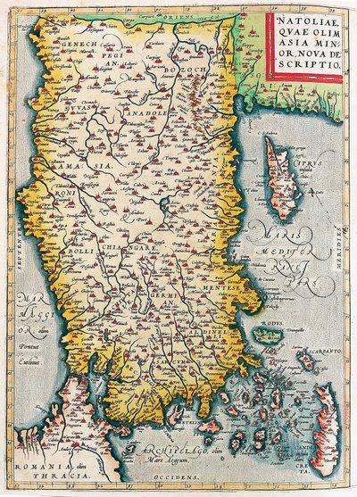 Natoliae, Quae Olim Asia Minor Nova Descriptio アブラハム・オルテリウス（Oertel, Ortell or Ortel）の「Theatrum Orbis Terrarum」から小アジア（イスタンブールとトルコ、ロードス島とキプロス島）の領土を描いた地理地図。 作： Abraham Ortelius
