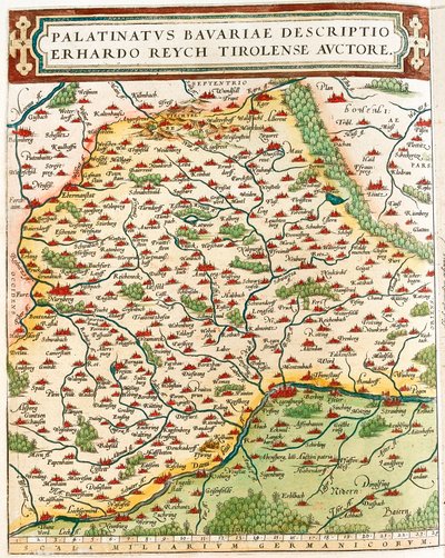Palatinatus Bavariae descriptio Erhardo Reych Tirolense Auctore Abraham Ortelius (Oertel, Ortell or Ortel) の "Theatrum Orbis Terrarum "からドイツのバビエの領土の地理地図。 作： Abraham Ortelius