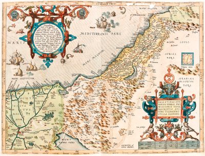Palestinae sive totius Terrae Promissionis Abraham Ortelius（Oertel, Ortell or Ortel）の「Theatrum Orbis Terrarum」に掲載されているパレスチナ領土の地理地図です。 作： Abraham Ortelius