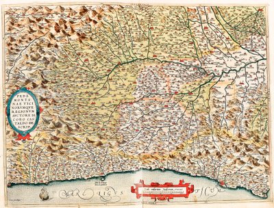 Pedemontanae Vicinorumque Regionum Auctore Iacobo Castaldo Descrip.アブラハム・オルテリウスの "Theatrum Orbis Terrarum "から、フランスのモナコからジェネスまで、インペリア・デ・サヴォナとジェノバの州を通過したイタリアの領土の地理地図( 作： Abraham Ortelius