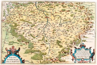 Regni Bohemiae Descriptio Abraham Orteliusの "Theatrum Orbis Terrarum "からのボヘミア領土の地理地図（Oertel, Ortell or Ortel）。 作： Abraham Ortelius