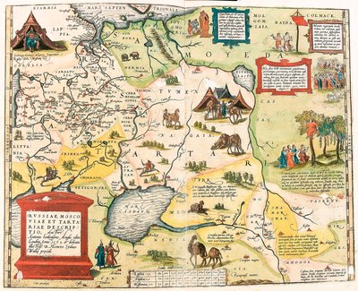 Russiae, Moscoviae and Tartariae descriptio.Auctore Antonio Ienkensono Anglo, edita Londini anno 1562 Abraham Orteliusの "Theatrum Orbis Terrarum "からのロシア領土の地理地図（Oertel, Ortell or Ortel 作： Abraham Ortelius