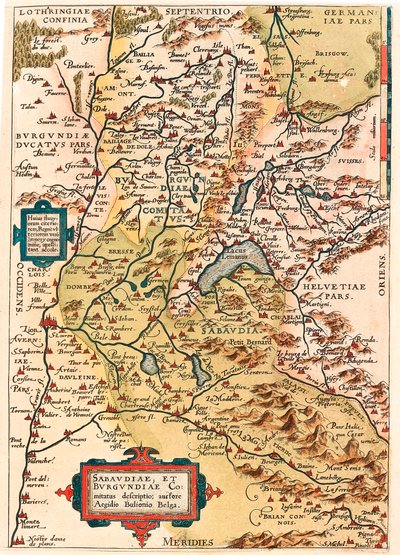 Sabaudia et Burgundiae Comitus 説明 アブラハム・オルテリウス（Oertel, Ortell or Ortel）の『Theatrum Orbis Terrarum』に掲載されたブルゴーニュとサヴォイの領土（ポンタリエ、ディジョン、レーマン湖、スイス）の地理地図です。 作： Abraham Ortelius
