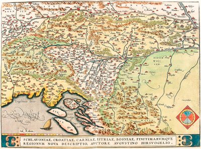 Schlavoniae, Croatiae, Carniae, Istriae, Bosniae, Finitimarumque Regionum Nova Descriptio, Auctore Augustino Hirsuogelio Abraham Orteliusの "Theatrum Orbis Terrarum "からSlavonia、Croatia、Bosnia、Dalmatiaの領土を描いた地理地図（Oertel, 作： Abraham Ortelius