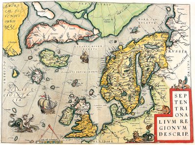 Septentrionalium Regionum Descrip.アブラハム・オルテリウスの「Theatrum Orbis Terrarum」に掲載されているスカンジナビアと北欧の地理地図（Oertel, Ortell or Ortel 作： Abraham Ortelius