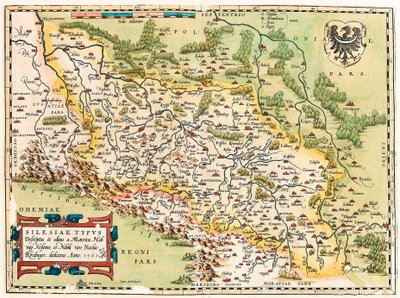 Silesia Typus Descriptio and Descriptus et editus Martino Heilwid Neilsense, and Nobili viro Nicolao Rhedinger dedicatus Anno 1561 エイブラハム・オルテリウスの "Theatrum Orbis Terrarum "から、ポーランドに近いドイツのフランクフルト以南の領土を描いた地理地図( 作： Abraham Ortelius