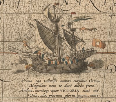 ビクトリア、スペインのキャラック、フェルディナンドマゼランアルマダデモルッカの船。 Aus Maris Pacific 作： Abraham Ortelius